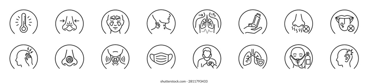 Medical line icons set representing symptoms and health conditions including fever, nasal congestion, sinus pain, lymph nodes, lung function, asthma, bad smell, mouth infection on transparent background