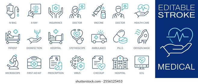 Medical line icons, such as vaccine, stethoscope, x-ray, oxygen mask and more. Editable stroke.