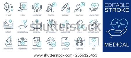 Medical line icons, such as vaccine, stethoscope, x-ray, oxygen mask and more. Editable stroke.