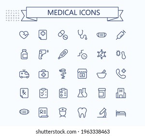 Medical line mini icons set. 24x24 px. Pixel Perfect. Healthcare and medicine signs. Editable stroke.