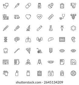 Medical line outline icon set. Vector pack includes health and hospital icons like stethoscope, syringe, heart, ambulance, pills, DNA, lungs, tooth, doctor, mask, wheelchair. Outline icon collection.