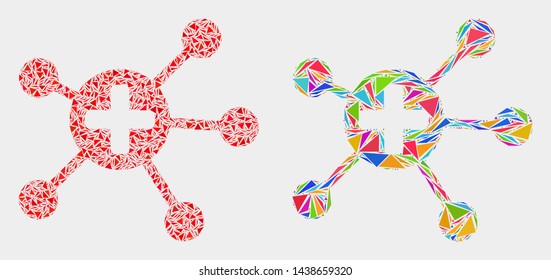 Medical links mosaic icon of triangle elements which have various sizes and shapes and colors. Geometric abstract vector illustration of medical links.