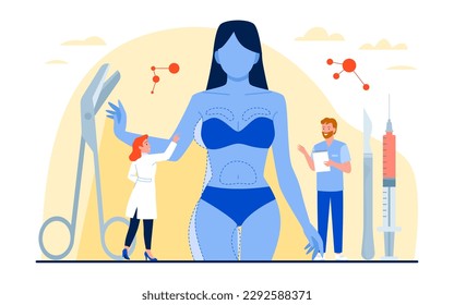 Medical liposuction surgery, beauty procedure for fat removal and weight loss in hospital vector illustration. Cartoon woman model in bikini with lines for slimming on body and tiny doctors treatment