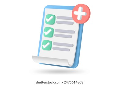 Medical list icon 3D checklist illustration. Medical form list with results data and approved check mark vector illustration Healthcare and health. Health check symbol vector medical check form report