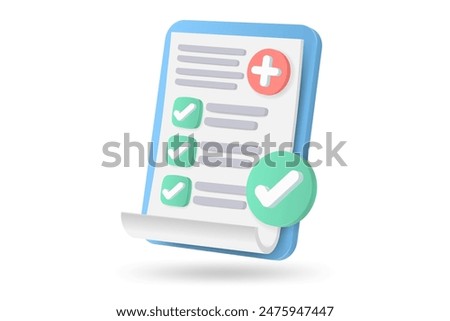 Medical list icon. 3D checklist illustration Medical form list with results data and approved check mark vector illustration, Healthcare and health Health check symbol vector medical check form report