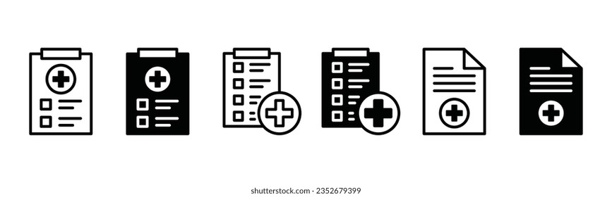 Medical list icons. Medical care document, health care insurance icon symbol in line and flat style. Patient prescription data record information, hospital checklist service. Vector illustration