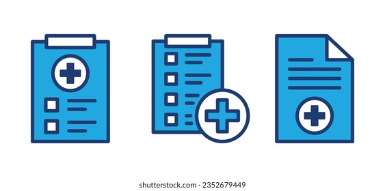 Medical list icons. Medical care document, health care insurance icon symbol. Patient prescription data record information, hospital checklist service. Vector illustration