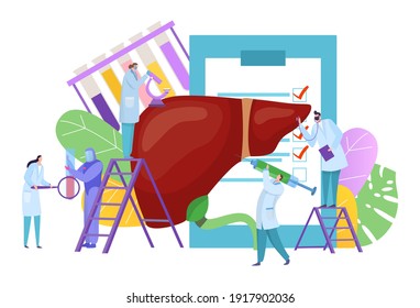 Medical Liver Diagnostics, Tiny People, Disease Treatment Concept, Human Organ, Dangerous Virus, Cartoon Style Vector Illustration. Prevention And Health Care Patient, Experienced Doctors In Medicine.