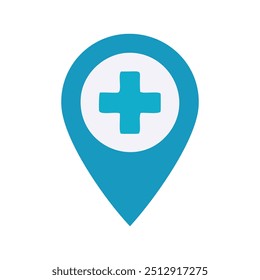 Ícone do local médico. Alfinete de mapa azul com um símbolo de cruz médica, perfeito para sites e aplicativos médicos e de saúde.