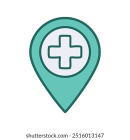 Ícone do local médico. Marcador de mapa verde com uma cruz branca no interior. Representa um hospital, uma clínica ou um local de assistência médica.