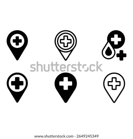 Medical Location Icons Black and White Plus Sign Map Markers Healthcare App Symbols GPS Navigation Set