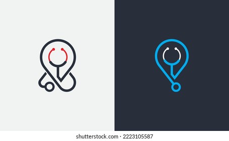 Medical Location Logo Bundle Set Concept symbol icon sign Element Design. Stethoscope, Pin, Medicine, Health Care Logotype. Vector illustration template