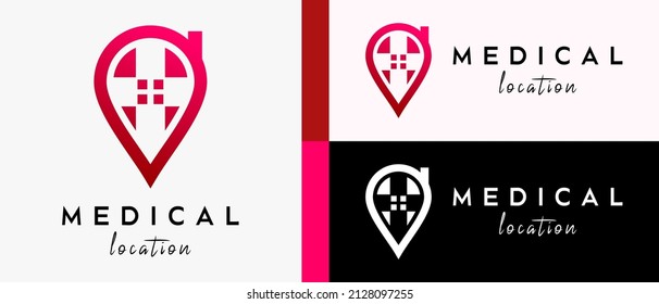 medical location logo design template with plus or cross sign concept in pin icon. map or location icon vector illustration, premium vector