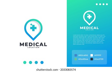 Medical Location Logo Design Vector,  Plus Icon with Pin Map Logo Combination. Suitable for Business and Medical Icon