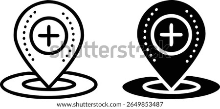 Medical Location Pin Plus Icon Black and White Vector Map Marker Design