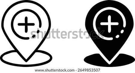 Medical Location Pin Plus Icon Black and White Vector Map Marker Symbol