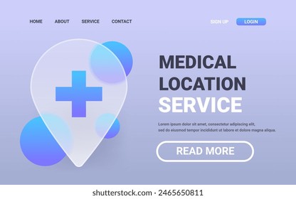 Medical location service horizontal landing page. Glass morphism medicine site