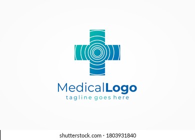 Medical Logo. Blue Cross Sign Health Symbol with Negative Space Radial Lines inside isolated on White Background. Flat Vector Logo Design Template Element