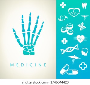Medical logo. Caduceus, teeth, heartbeat, pills and capsules, dna chain, human brain and syringe.