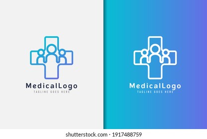 Medical Logo Design. Colorful Medical Cross Combine with People Group. Vector Logo Illustration.