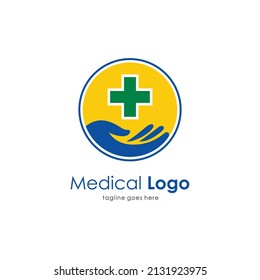 medical logo design with hand and plus sign, modern hospital logo inspiration template vector