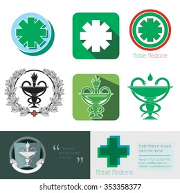 Medical logo design. Medicine sign. Health, care, treatment, symbol, icon. Medical assistance icon. Bowl with a snake emblem. Medical symbolism. Rescue service logo sign. Template business card.