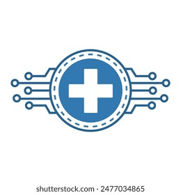 A medical logo design that combines a cross icon with technology elements, using blue is suitable for use in branding healthcare services, clinics, hospitals, medical technology companies