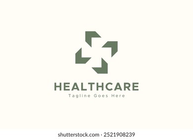 Medical Logo. Green Cross Plus Sign Combined With And Arrows Isolated On White Background. Flat Vector Logo Design Template Element Usable For Healthcare Logos.