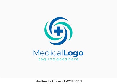 Medical Logo Health Icon. Abstract Circular Waves Letter S with Cross Sign inside. Flat Vector Logo Design Template Element.