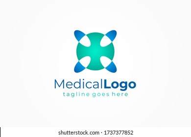 Medical Logo Health Symbol Pharmacy Icon. Green Cross Sign with Blue and White Negative Space Drugs Icon isolated on White Background. Flat Vector Logo Design Template Element