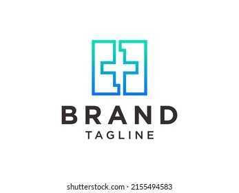 Medical Logo Healthcare Symbol. Blue Cross Sign Negative Space with White Origami isolated on White Background. Flat Vector Logo Design Template Element.