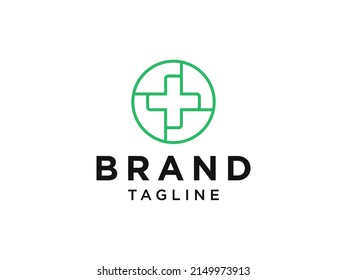 Medical Logo Healthcare Symbol. White Cross Sign Negative Space with Green Circle Origami isolated on White Background. Flat Vector Logo Design Template Element.
