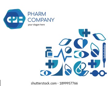 Medical logo and icons of medicines for pharmacy on white background