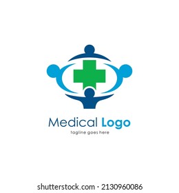 medical logo with illustration of people holding hands design, modern red and yellow hospital logo inspiration template vector