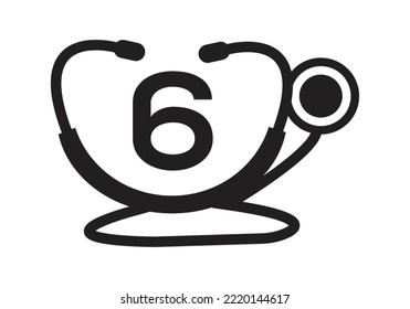 Medical Logo With Letter 6 Template. Doctors Logo with Stethoscope Sign Vector. 