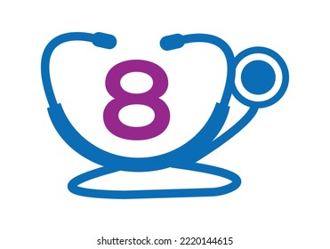 Medical Logo With Letter 8 Template. Doctors Logo with Stethoscope Sign Vector. 