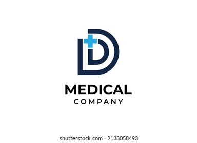 Medical logo, letter D with medical cross combination, flat design logo template, vector illustration