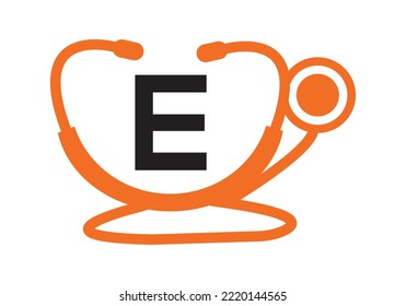 Medical Logo With Letter E Template. Doctors Logo with Stethoscope Sign Vector. 