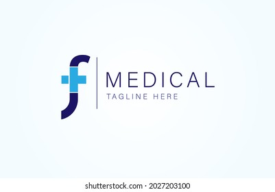 Logo médico, letra F con icono de cruz médica dentro, plantilla de diseño de logotipo plano, ilustración vectorial