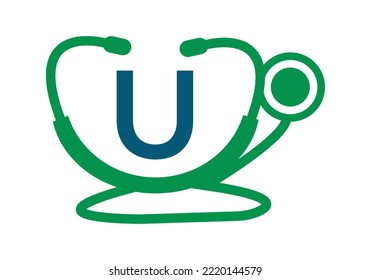 Logo Médico Con Plantilla De Letra U. Logotipo de los doctores con vectores de signos estetioscópicos. 