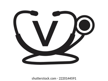 Medical Logo With Letter V Template. Doctors Logo with Stethoscope Sign Vector. 