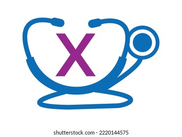Medical Logo With Letter X Template. Doctors Logo with Stethoscope Sign Vector. 