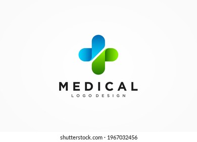 Medical Logo. Modern Healthcare Symbol Pharmacy Icon. Green and Blue Motion Cross Sign Origami Style isolated on White Background. Flat Vector Logo Design Template Element.