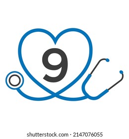 Medical Logo on Letter 9 Template. Doctors Logo with Stethoscope Sign Vector