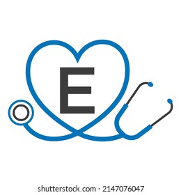 Medical Logo On Letter E Template. Doctors Logo With Stethoscope Sign Vector