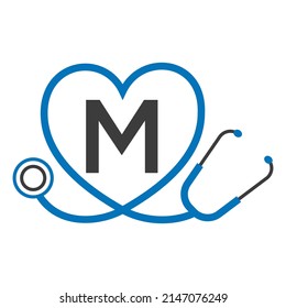 Medical Logo on Letter M Template. Doctors Logo with Stethoscope Sign Vector