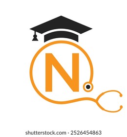 Medical Logo On Letter N with Stethoscope Icon. Doctor Symbol and Healthcare Logotype