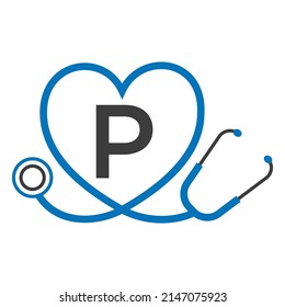 Medical Logo on Letter P Template. Doctors Logo with Stethoscope Sign Vector