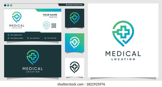 Medical logo with pin location gradient line art style and business card design template Premium Vector