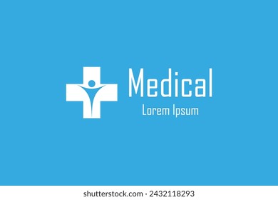 The medical logo is in the shape of an addition and in the middle there is a blue and white human logo. This logo is very suitable for companies or businesses in the health sector or drug stores